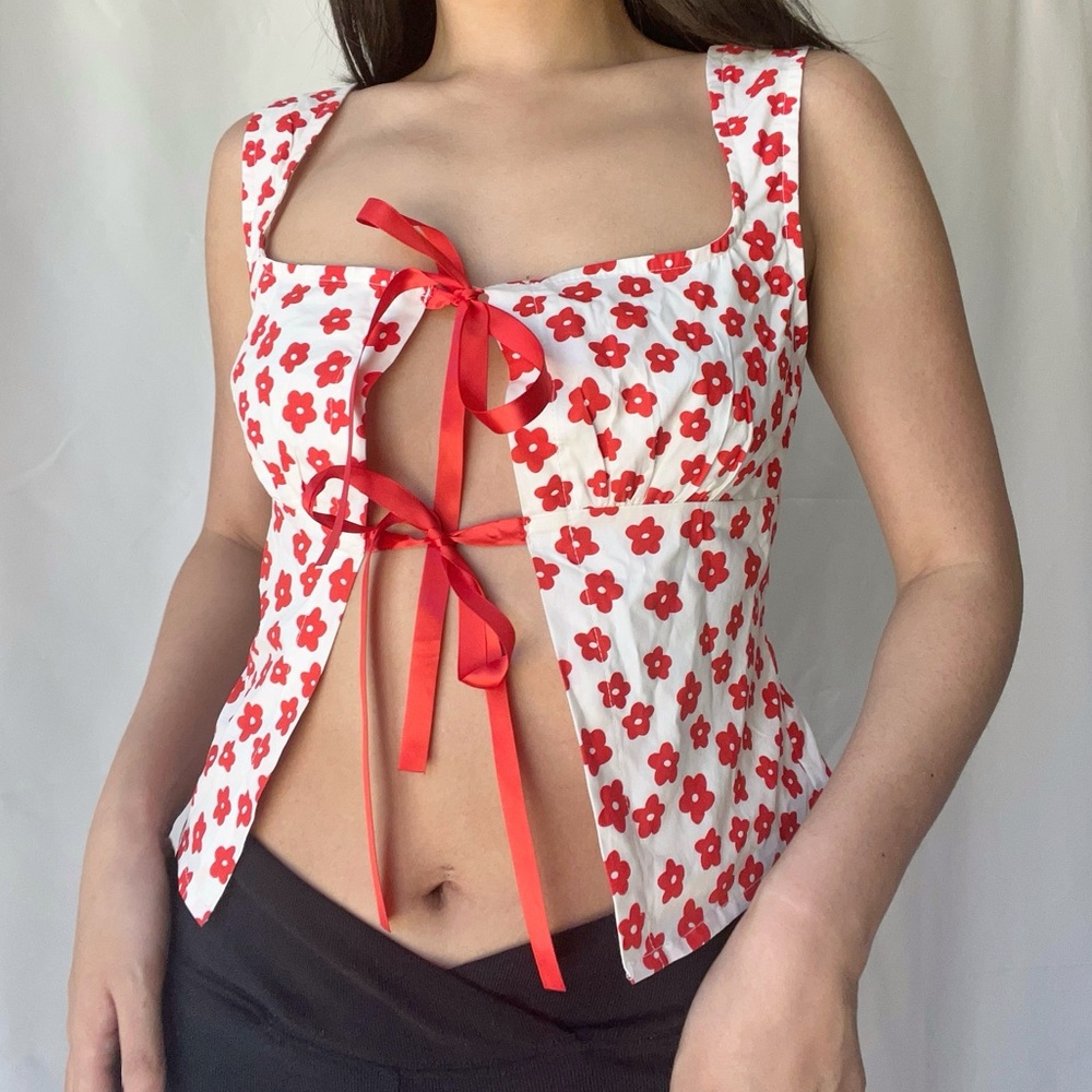 White and Red Floral Tie Front Woven Top